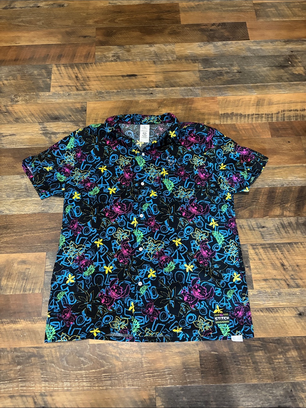 Disney Parks Stitch Neon Camp/Summer Button-Up Shirt
